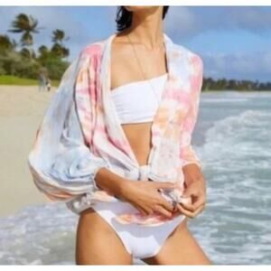 YF&B Carmen Tie-Dye Top Blue Bahama Wash Balloon Sleeves Tie Front Size Small